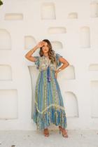 Vestido Boho Estampado com Renda e Manga Curta 5058