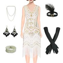 Vestido BONGZUO 1920s Flapper Vintage Lace Gatsby com acessórios Vestido BONGZUO 1920s Flapper Vintage Lace Gatsby com acessórios