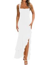 Vestido BORIFLORS Bodycon Maxi com Franzidos Sem Mangas Branco Vestido BORIFLORS Bodycon Maxi com Franzidos Sem Mangas Branco