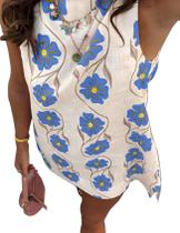 Vestido BQDCQB feminino de verão com estampa floral sem mangas azul