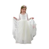 Vestido Branco De Renda Para Daminha De Casamento De Verão Com Manga Longa Em Tule E Costas Abertas