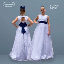 Vestido Branco Feminino com Faixa AZUL MARINHO madrinha Casamento Florista Princesa Tule REF4072 Vestido Branco Feminino com Faixa AZUL MARINHO madrinha Casamento Florista Princesa Tule REF4072