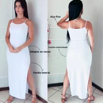 Vestido Branco Longo Ano Novo Réveillon Festa Alcinha Com Fenda Lateral Sem Bojo Canelado Vestido Branco Longo Ano Novo Réveillon Festa Alcinha Com Fenda Lateral Sem Bojo Canelado