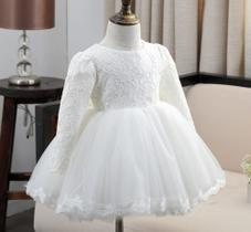 Vestido Branco Renda Bebê Batizado Festa Manga Longa 3 A 24 Meses Vestido Branco Renda Bebê Batizado Festa Manga Longa 3 A 24 Meses