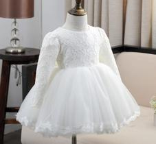 Vestido Branco Renda Bebê Batizado Festa Manga Longa 3 A 24 Meses