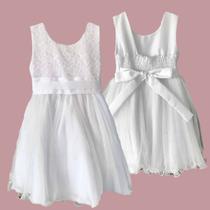 Vestido Branco Renda no Peito Saia com Tule Gliter Faixa Fixa Laço Atrás Ref4006