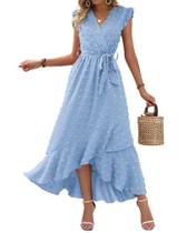 Vestido BTFBM Boho Maxi Azul com Decote em V e Poá Suíço M Vestido BTFBM Boho Maxi Azul com Decote em V e Poá Suíço M