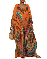 Vestido Caftã Bsubseach Feminino com Estampa Étnica, Tamanhos Plus, Roupão de Praia, Mangas Tipo Morcego e Bolsos Laranja Vestido Caftã Bsubseach Feminino com Estampa Étnica, Tamanhos Plus, Roupão de Praia, Mangas Tipo Morcego e Bolsos Laranja