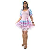Vestido Caipira Adulto Rosa e Azul Festa Junina com Renda e Tiara