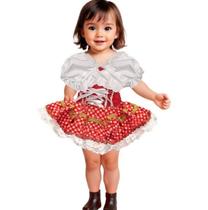 Vestido Caipira de Festa Junina de Luxo pra Fantasia Bebe Menina Xadrez Vermelho 0 a 2 anos
