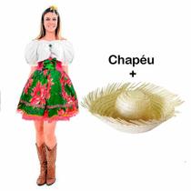 Vestido Caipira Feminino Adulto Festa Junina de Luxo + Chapéu