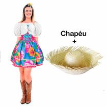 Vestido Caipira Feminino Adulto Festa Junina de Luxo + Chapéu