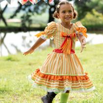 Vestido caipira festa junina infantil luxo laranja - Douvelin