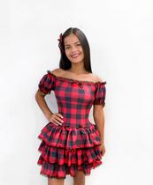 Vestido caipira infantil temático colorido tecido confortável com babados acompanha u lindo laço rodado