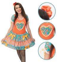 Vestido Caipira Junino Adulto Feminino Abobora e Azul São João 0080A