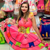 Vestido Caipira Junino Adulto Rosa Neon Com Bolsinha