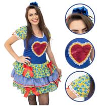 Vestido Caipira Junino Quadriculado Azul Coração Vermelho Adulto São João