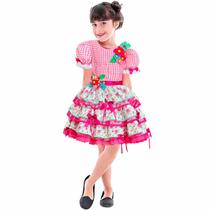 Vestido Caipira Super Luxo Exclusivo Xadrez Rosa Com Flores
