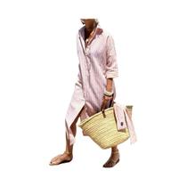 Vestido Camisa Feminino Listrado Dupla Face Com Manga Cinco Quartos E Decote Aberto Moderno - others