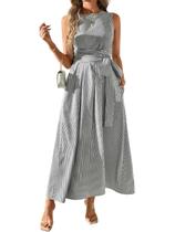 Vestido: camisa listrada em émbolo, vestido feminino, gola redonda, linha A, maxi
