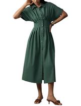 Vestido Camisa Yeokou Verde Plissado Maxi com Bolsos Vestido Camisa Yeokou Verde Plissado Maxi com Bolsos