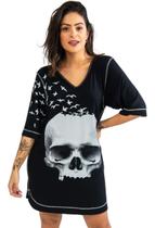 Vestido Camiseta Gola V Estampado Caveira Com Pássaros Preto