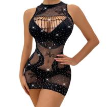 Vestido Camisola Sobreposição Arrastão Bodystocking Tamanho Único