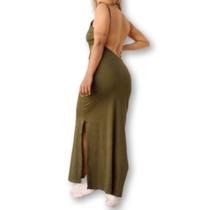 Vestido canelado alça fina fendas lateral feminino