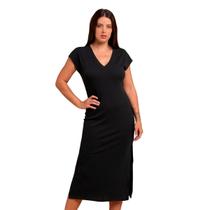 Vestido Canelado Casual Decote V Alongado Fenda Lateral Feminino Leve Confortavel