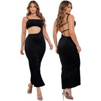 Vestido Canelado Feminino Longo Fenda Lateral Costas Ajustável Vestido Canelado Feminino Longo Fenda Lateral Costas Ajustável