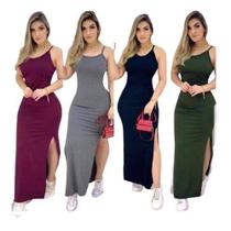 Vestido Canelado Longo Com Alça E Fendas Nas Laterais