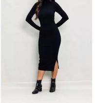 Vestido canelado manga longa,com fenda