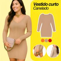 Vestido Canelado Manga Longa Feminino Tricot Trançado Curto Vestido Canelado Manga Longa Feminino Tricot Trançado Curto