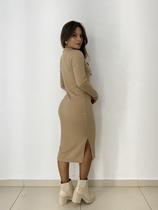 Vestido Canelado Manga Longa Midi com Fenda Lateral Vestido Canelado Manga Longa Midi com Fenda Lateral