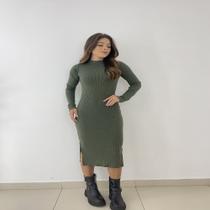 Vestido Canelado Manga Longa Midi com Fenda Lateral Vestido Canelado Manga Longa Midi com Fenda Lateral