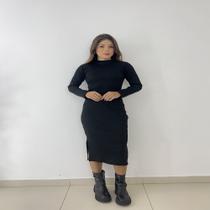 Vestido Canelado Manga Longa Midi Preto