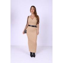 Vestido Canelado Mid Feminino Luxuoso Atemporal Tendência 2026 Sem Manga