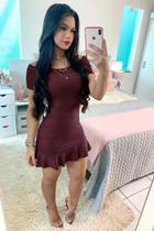 Vestido Canelado Rodado Babado Marsala Vestido Canelado Rodado Babado Marsala