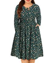 Vestido CARCOS Plus Size, gravata, decote em V, manga comprida, verde, 5GG Vestido CARCOS Plus Size, gravata, decote em V, manga comprida, verde, 5GG