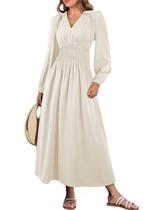 Vestido casual BLENCOT com babados, manga comprida, decote em V, branco para mulheres Vestido casual BLENCOT com babados, manga comprida, decote em V, branco para mulheres