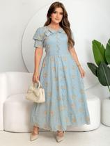 Vestido Casual Bordado Festa Lese 3D Casamento Convidada Madrinha Cor:AzulTamanho:G2
