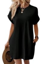 Vestido Casual com Bolso Lateral Manga Asa Morcego Curto Soltinho Confortavel