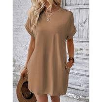 Vestido Casual com Bolso Lateral Manga Asa Morcego Curto Soltinho Confortavel camisao Carna