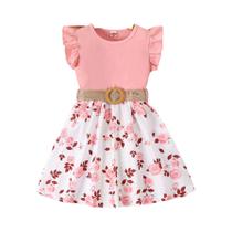 Vestido Casual Com Estampa Floral E Bordas Em Camadas Para Meninas Com Cinto, Mangas Pequenas E Vestido Casual Com Estampa Floral E Bordas Em Camadas Para Meninas Com Cinto, Mangas Pequenas E