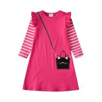 Vestido Casual De Algodão Com Mangas Longas E Listras Para Meninas, Estampa De Bolsa Falsa, Roupas