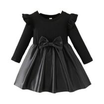 Vestido Casual De Manga Longa Com Decote Redondo Para Meninas, Decorado Com Laço E Patchwork De