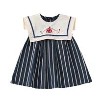 Vestido Casual de Verão para Meninas, Saia Listrada com Grande Gola, Sem Mangas, Saia Bordada