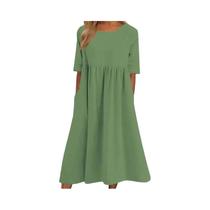 Vestido Casual De Verão Para Mulheres Em Algodão E Linho Com Manga Curta E Bolso, Decote Redondo