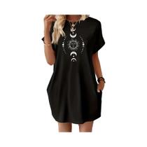 Vestido Casual De Verão plus Size Para Mulheres Com Estampa De Sol, Lua E Planetas, Decote Redondo E