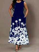 Vestido Casual De Verão plus Size Sem Mangas Estampado Decote Redondo Simples Longo Moda